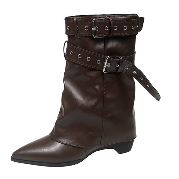 NOKIO B𝗈𝗈𝑡𝑠 for Women Mid Top Fold Over Pointed Toe Fashion Block Heel Booties with Adjustbale Buckle Strap Cowboy S𝗅𝗈𝗎𝖼hy Booties Comfortable Wide Calf Footwear