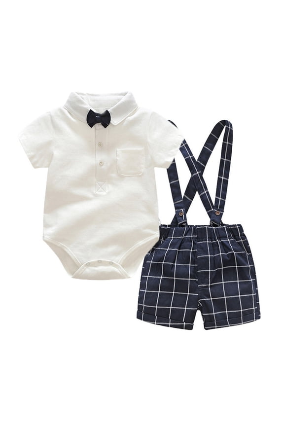 Baby Boy Formal Short Set , Baby Boys Gentleman Outfits Pants Sets, Children's Playsuits Boys Baby Toddler Summer Short Sleeved Bow Tie Crawler Plaid Backpack Pants Two Pc Set