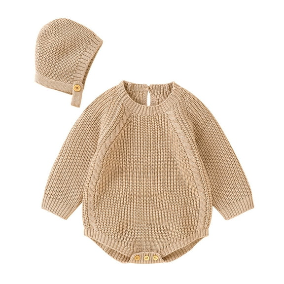 NOKIO Baby Boys Girls Knit Sweater Romper, Baby Solid Knit Romper Cotton Long Sleeve Boy Girl Sweater Clothes Baby Bodysuit With Cute Hat Set Children'S Knit Pullover Baby Boys Girls Knitted Sweater