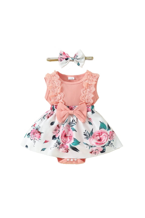 Baby Rompers With Bow Embellishments, Baby Rompers, Baby Girls Sleeveless Lace Triangle Dress Rompers 0-1 Year Old Baby Flower Bow Dress Rompers With Headband