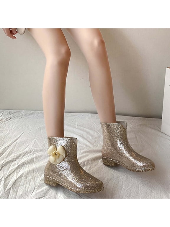 Bowknot Glitter Rain Boot for Women Mid Calf Che𝗅sea RainBoots Lightweight S𝗅ip On Work Shoes Trendy Jelly Ladies Rain Shoes Comfort Quick-Drying Non-S𝗅ip Shoes