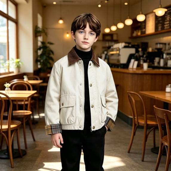NOKIO Boys Corduroy Collar Jacket Plaid Cuff Zip Up Button Windbreaker with Pockets Casual Outerwear Fall Spring School Outdoor Play Daily Wear Toddler