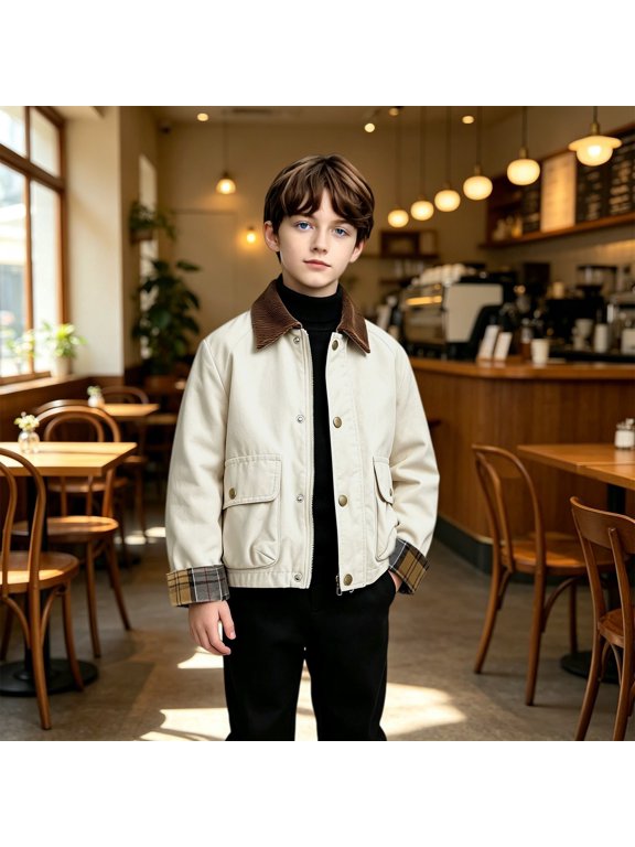Boys Corduroy Collar Jacket Plaid Cuff Zip Up Button Windbreaker with Pockets Casual Outerwear Fall Spring School Outdoor Play Daily Wear Toddler