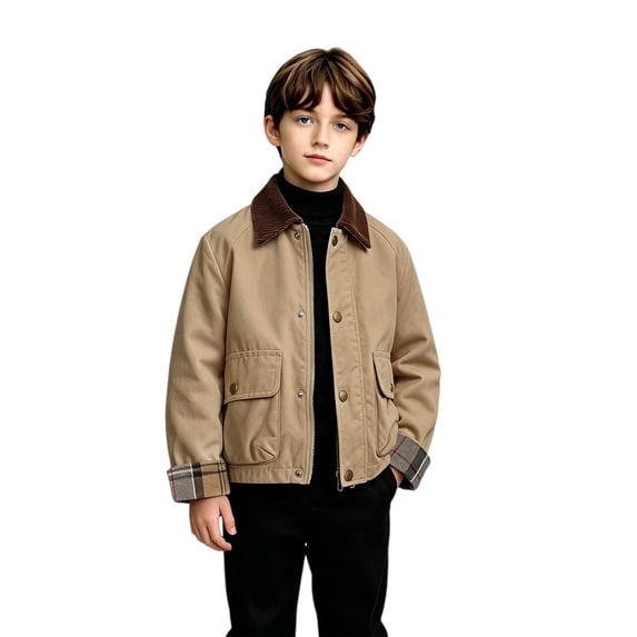NOKIO Boys Corduroy Collar Jacket Plaid Cuff Zip Up Button Windbreaker with Pockets Casual Outerwear Fall Spring School Outdoor Play Daily Wear Toddler