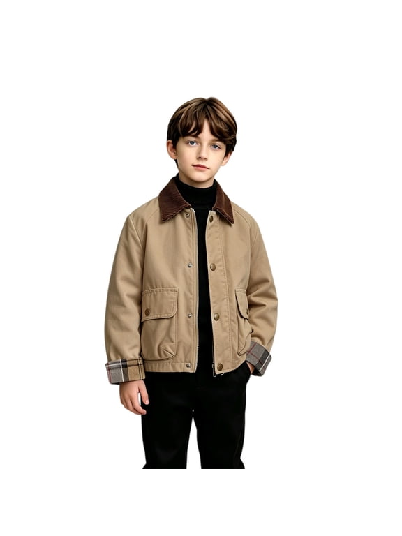 Boys Corduroy Collar Jacket Plaid Cuff Zip Up Button Windbreaker with Pockets Casual Outerwear Fall Spring School Outdoor Play Daily Wear Toddler