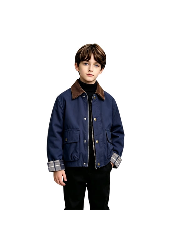 Boys Corduroy Collar Jacket Plaid Cuff Zip Up Button Windbreaker with Pockets Casual Outerwear Fall Spring School Outdoor Play Daily Wear Toddler
