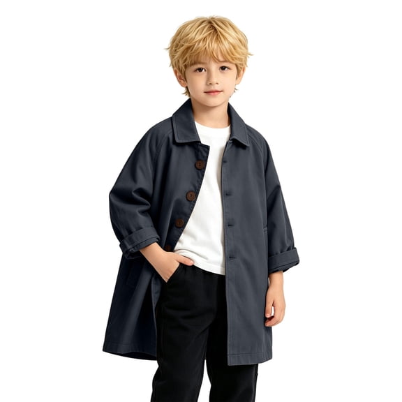 NOKIO Boys Mid-Length Trench Coat Lapel Collar Button Down Windbreaker Lightweight Fall Winter School Outdoor Casual Daily Wear Cold Weather Wear
