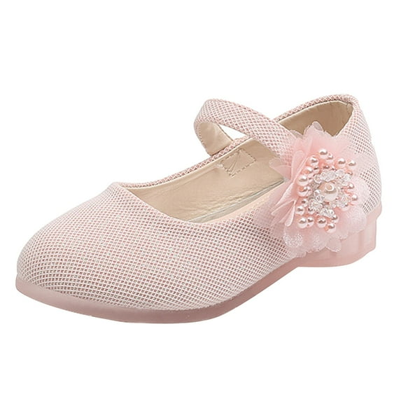 NOKIO Children Leather Single Shoes Fashion Pearl Big Flower Girl Small Leather Shoes Children Princess Shoes Small High Heeled Dance Shoes for Wedding, Party, Walking