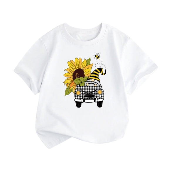 NOKIO Children'S Casual Blouse, Stylish And Versatile Tops For Girls' Birthday Parties Little Children And Big KidsCartoon Dwarf Driving A Car Cartoon Print Boys And Girls Tops Short Sleeved T Shirts