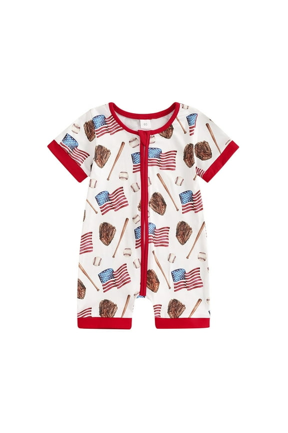 Children'S Playsuit With Zipper, Baby Girl Floral Romper Playsuit, Boys Independence Day Summer Baseball Print Zip Up Bodysuit Short Crawl Suit Kids' Button-Down Onesie