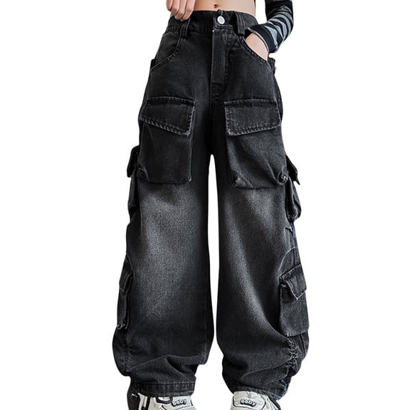 NOKIO Casual Fit Girl'S Jeans Boyfriend Style Jeans For Girls Casual Chic Girls' Denim Trousers Kids Girls Ripped Distressed Washed Baggy Wide Leg Casual Jeans Size 5-16 Years