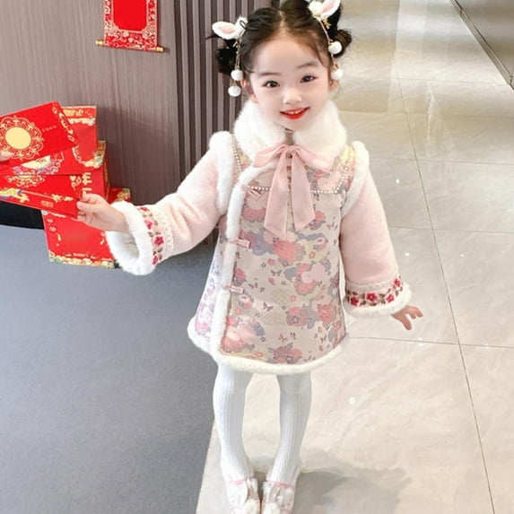 NOKIO Chinese Baby Girls Traditional Furry Hem Dress Chinese New Year Tang Suit Cheongsam Dress + Furry Scarf Set Long Sleeves Peony Print Chinese Button Furry Hem Dress + Furry Scarf Outfit