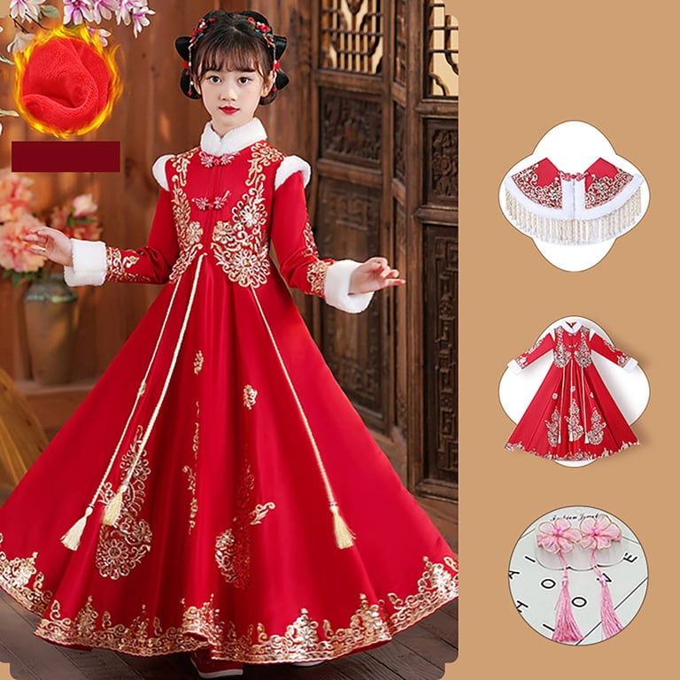 Nokio Chinese Style Girl'S Winter Dress Girls' Embroidered Chinese Dress Cheongsam Hanfu for Girls Christmas and New Year Winter Fairy Traditional Nokio Chinese Style Girl'S Winter Dress Girls' Embroidered Chinese Dress Cheongsam Hanfu for Girls Christmas and New Year Winter Fairy Traditional