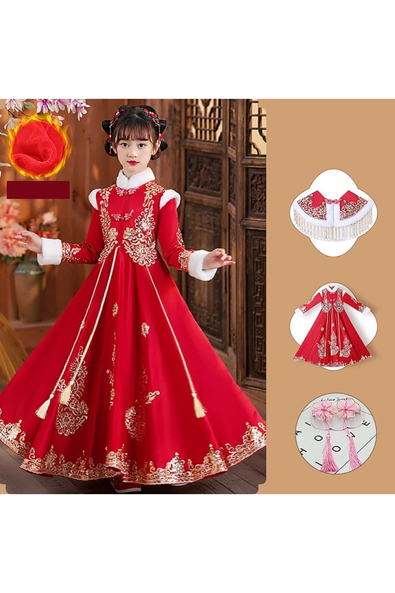 Chinese Style Girl'S Winter Dress Girls' Embroidered Chinese Dress Cheongsam Hanfu for Girls Christmas and New Year Winter Fairy Traditional Tang Suits Dress