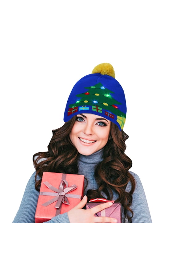 Christmas-Themed Kids Hat Child Snowflake Pom Pom Hat Children's Hat Yule Snowman Christmas Tree Flanged Ball Knit Hat Band LED Colorful Decorative Lights Baby Holiday Knit Beanie