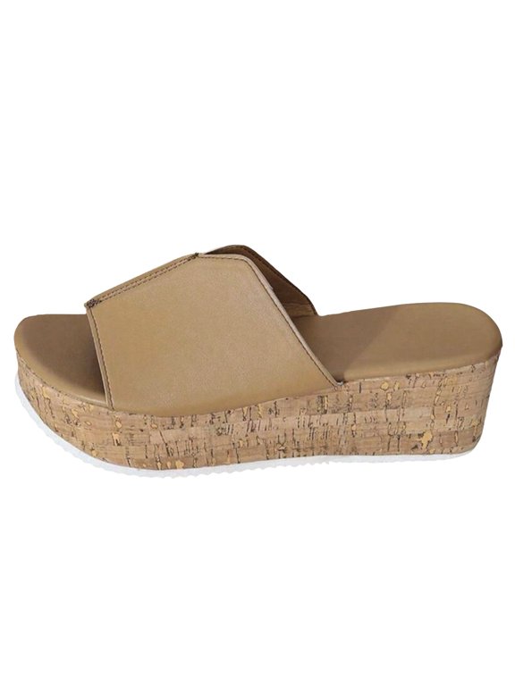 Clearence Women’s Solid Color Wedge Heel Slippers Summer Open-Toe Casual Sandals Non-Slip Thick Sole Fish Mouth Design Breathable Indoor/Outdoor Slides