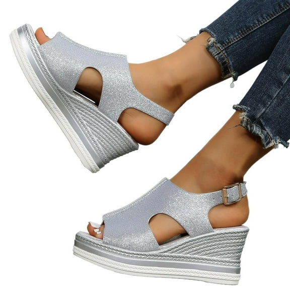 NOKIO Comfortable Sandals for Ladies Large Size Shoes Wind Wedge Thick Bottom Hollow Fish Mouth Sandals Women's High Heel Sandals