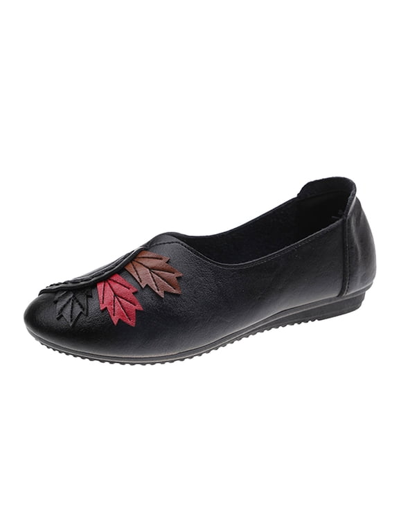 Fashion Four Season Women Casual Shoes Flat Round Toe Patchwork Leather Solid Color Leaves Lightweight And Comfortable Slip On Elegant Women'S Slip-Ons