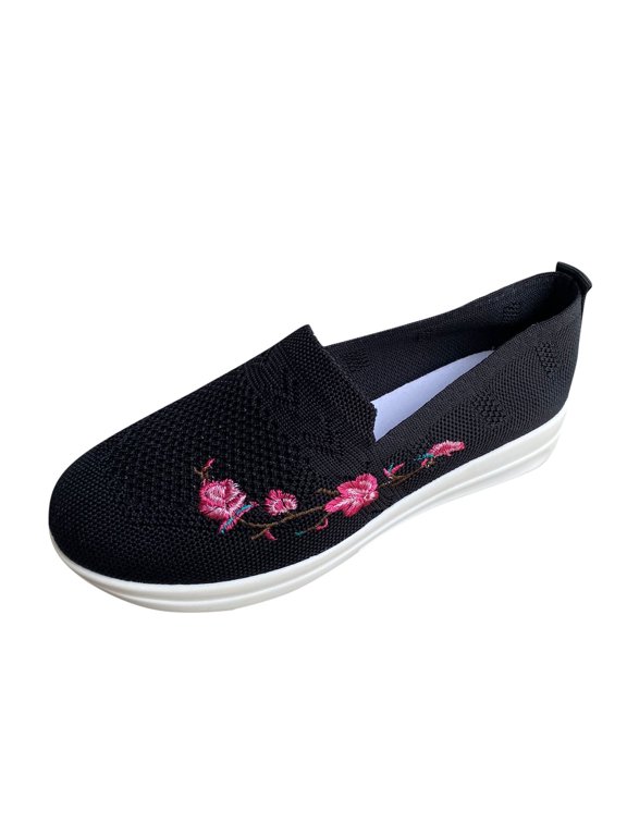 Fashion L𝗈afers Shoes for Women Fashion Embroidery F𝗅oral Sneakers Breathable Knit Woven Walking Shoes Casual Round Toe Falt Shoes S𝗅ip On Sport for Work