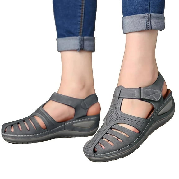 NOKIO Flat Women Sandals Wide Leather Summer Sandal - Closed Toe Vintage Rubber Sole Dressy Comfortable Walking Sandal Anti Slip Sandals Thick Sole Premium Shoes Hollow Sandals For Women