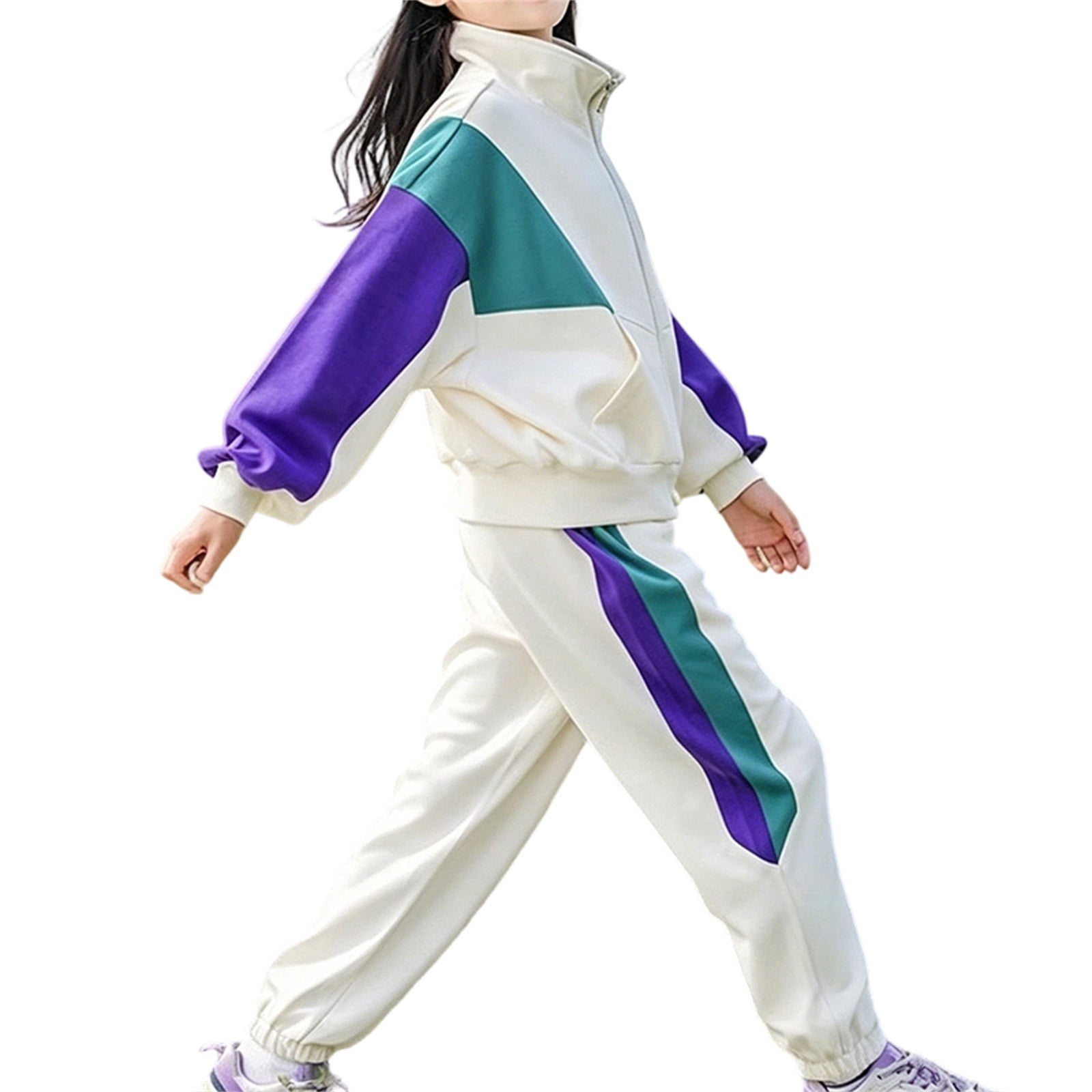 Track Fall Blocks NOKIO Girls 2 Piece Zip Up Outfit, Stand Collar Color-Block Track ...