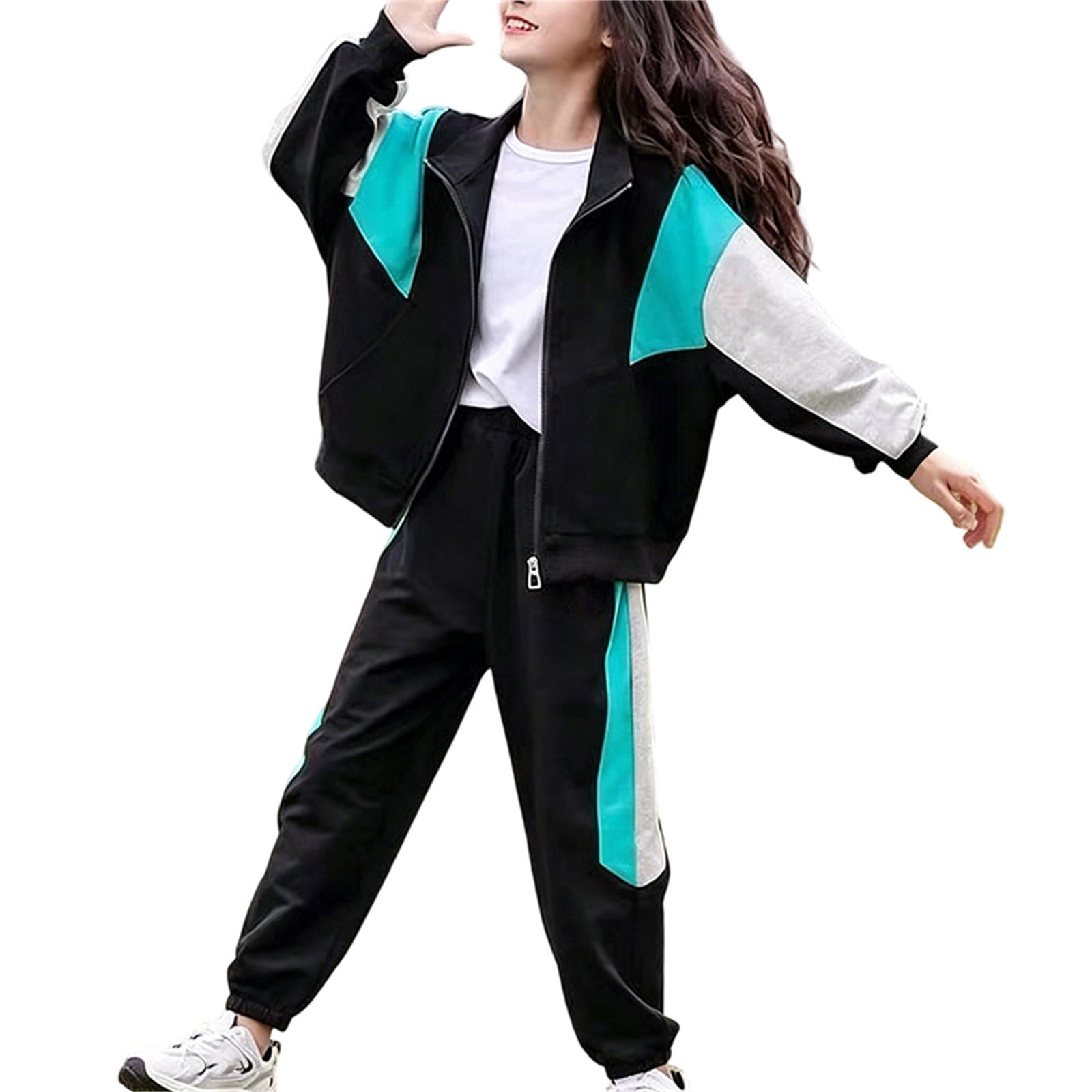Track Fall Blocks NOKIO Girls 2 Piece Zip Up Outfit, Stand Collar Color-Block Track ...