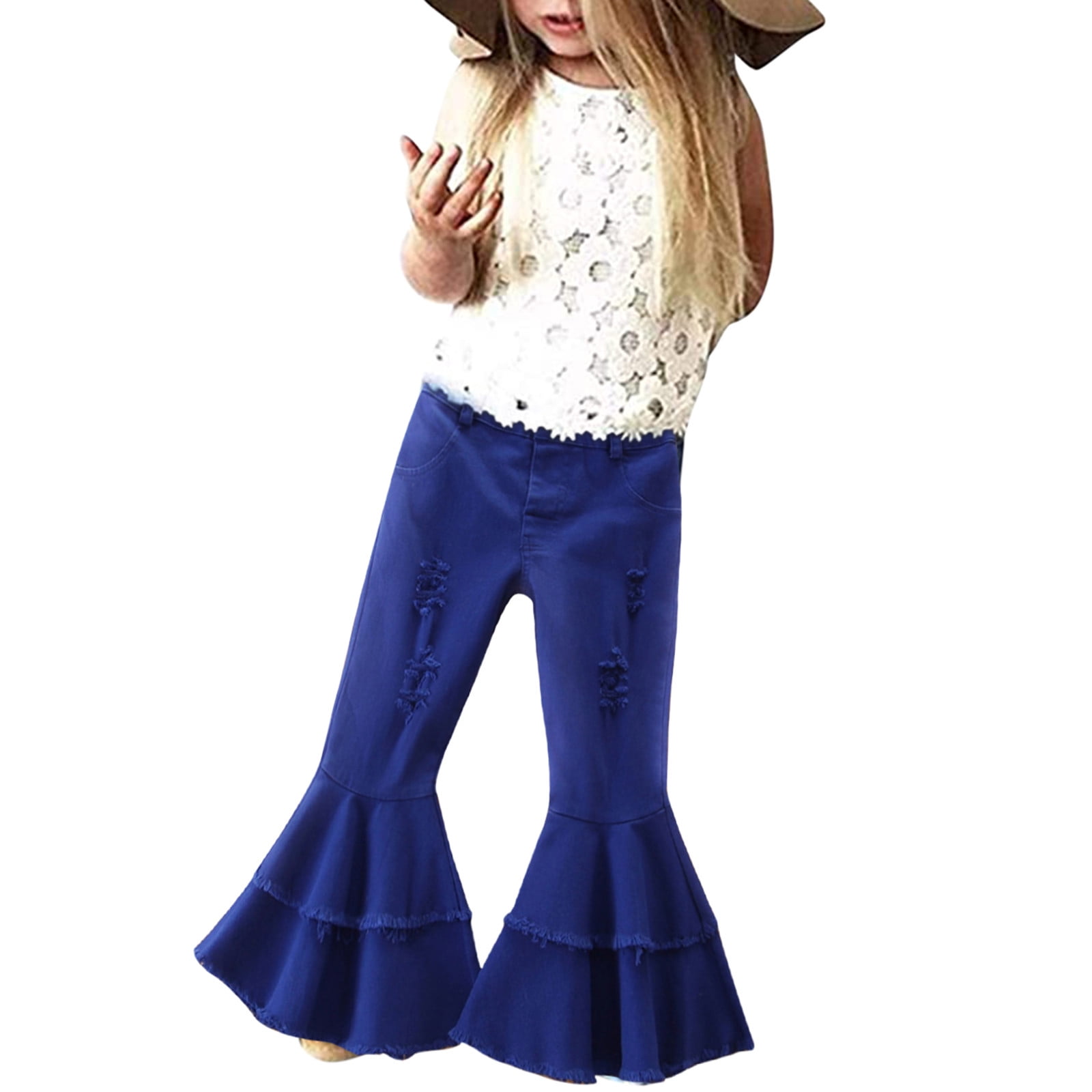 NOKIO Girls Bell Bottom Pants Toddler Denim Bell Bottom Pants Baby Girls Trousers Two Ruffles Flare Ripped Jeans For Kids 1 6Y Girls Casual Wide Leg Pants Kids Loose Fit Trousers Walmart