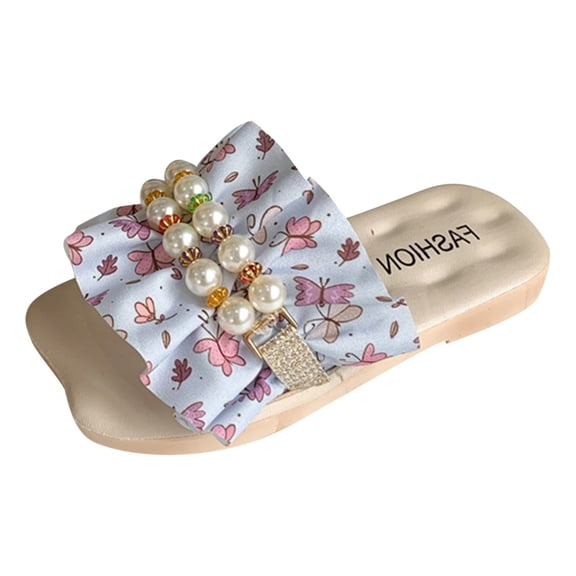 NOKIO Girls Fairy Style Princess Slippers Children'S Princess Style Beach Shoes Children Slippers Fashion Floral Ruffle Pearl Flat Bottom Flip Flop Fashion Beach Slippers