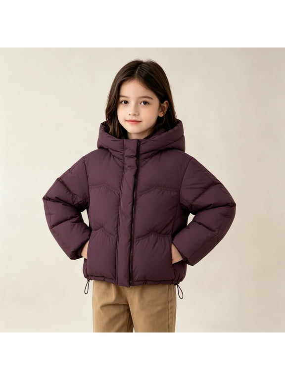 Girls Hooded Puffer Jacket Water Resistant Zip Up Quilted Warm Short Coat with Drawstring Hem for Boys Kids Winter Outerwear Casual School Wear