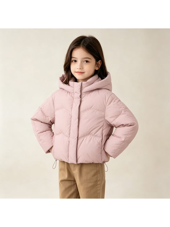 Girls Hooded Puffer Jacket Water Resistant Zip Up Quilted Warm Short Coat with Drawstring Hem for Boys Kids Winter Outerwear Casual School Wear