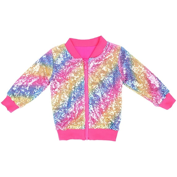 NOKIO Girls' Sequin Jacket Show Coat Casual Coat Glitter Coat With Sequins Girls Sequin Bomber Jacket Sparkle Lightweight Zipper Long Sleeve Jackets for Kid 3-10Y Girls Boys Sequin Zipper Coat Jacket