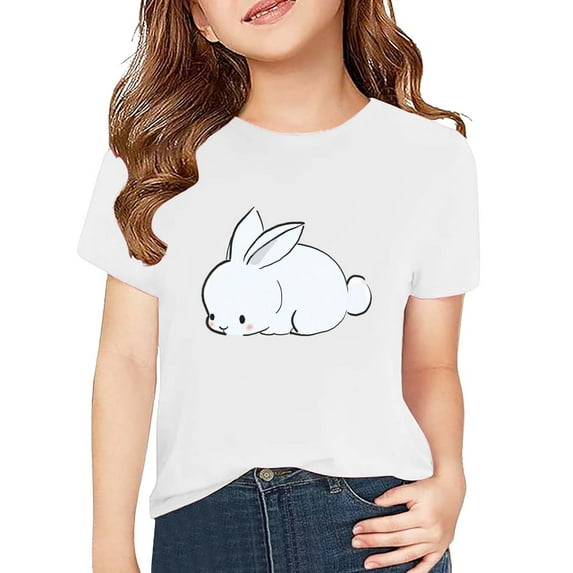 NOKIO Girls Short Sleeve T-Shirt Bunny Graphic Tees Cute Summer Tops Toddler Easter Funny Shirts Kids Spring Trendy Clothes Fashion Crew Neck T Shirt For Kids