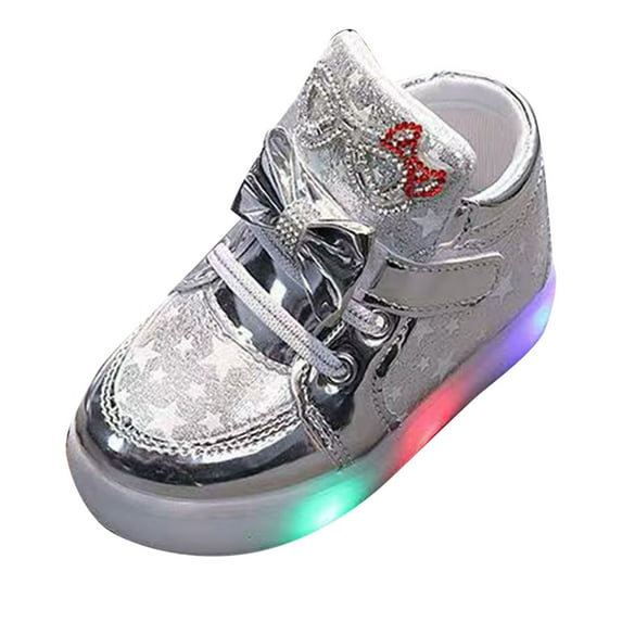 NOKIO Girls Sparkly Light Up Sport Shoes Bow Breathable Non Slip Running Sneakers Girls Fashion Luminous Walking Shoes Fashion LED Light Baby Shoes Soft Kids Sports Shoes