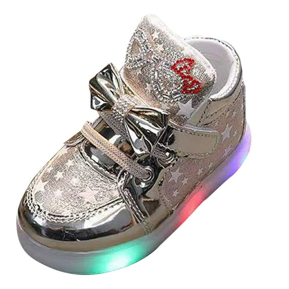 NOKIO Girls Sparkly Light Up Sport Shoes Bow Breathable Non Slip Running Sneakers Girls Fashion Luminous Walking Shoes Fashion LED Light Baby Shoes Soft Kids Sports Shoes