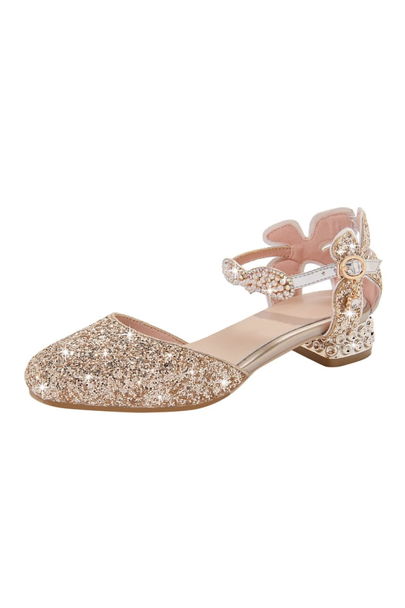 Glittery Children'S Princess Pumps Glittery High Heels For Girls Girls Sandals 4.5cm Low Heel Dress Close Toe Sandals Flower Wedding Party For Little Kid/Big Kid