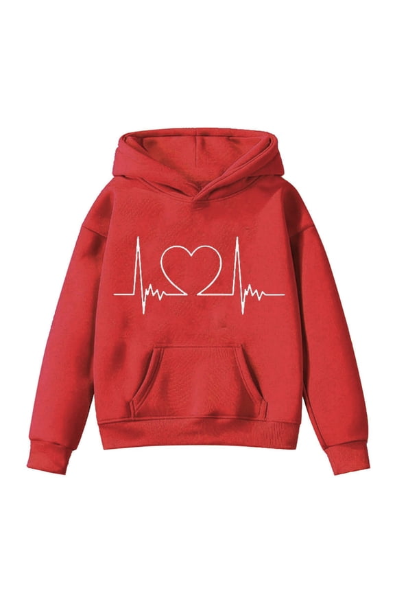 Heart Graphic Children'S Hoodie Girl's Fall/Winter Valentine's Day EKG Printed Padded Hooded Throwback Pocket Sweatshirt Valentine'S Day Graphic Top For Girls
