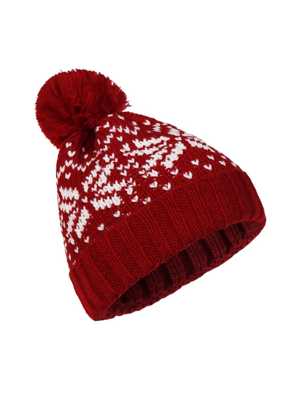 Holly Jolly Knit Christmas Hat Adult Knit Christmas Beanie Hat with Pom Poms, Cable Knit Elf Hat Chunky Knit Holiday Pom Pom Hat Knit Fuzzy Pom Snowflake Christmas Hat Woolen Hat Warm Knit Hat