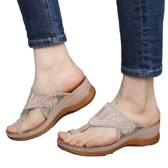 NOKIO Indoor Shoes for Ladies Embroidered Flower Sandals Women's Summer Wedge Breathable Flip Flops Women's Slippers Round Toe Sandals