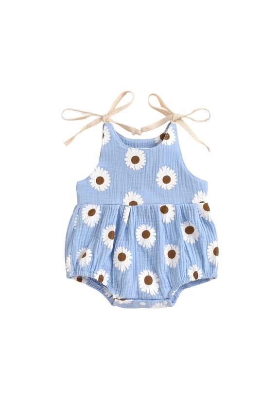 Infant Rompers With Fun Prints, Sleeveless Baby Rompers With Ruffle Trim, Baby Girl Floral Romper Girls Straps Halter Jumpsuit Summer Daisy Cartoon Print Clothes For Baby 0 To 24 Months