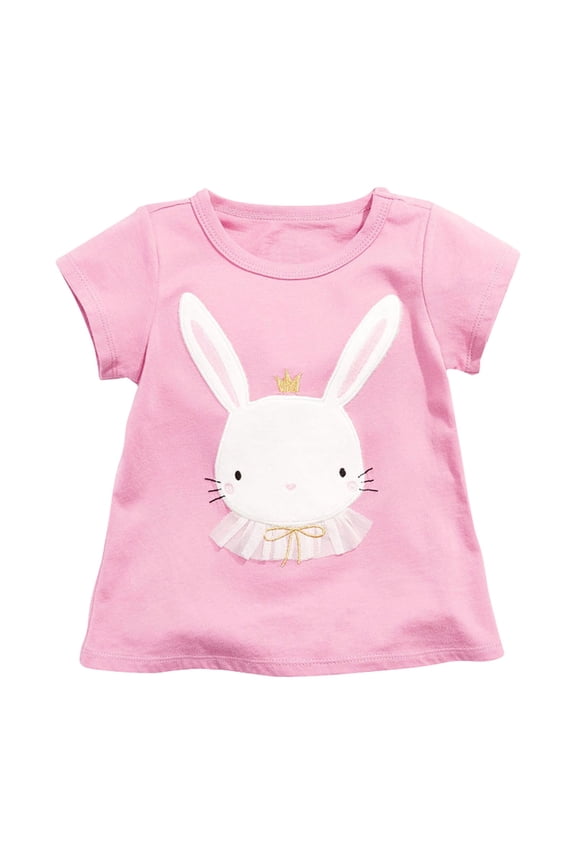 Junior Girl Animal Print Tee, Adorable And Trendy Girls' Tops For The Sunny Season Pink Summer Short Sleeve Cute Cartoon Rabbit Pattern Knitted Cotton Round Neck Girls T Shirt
