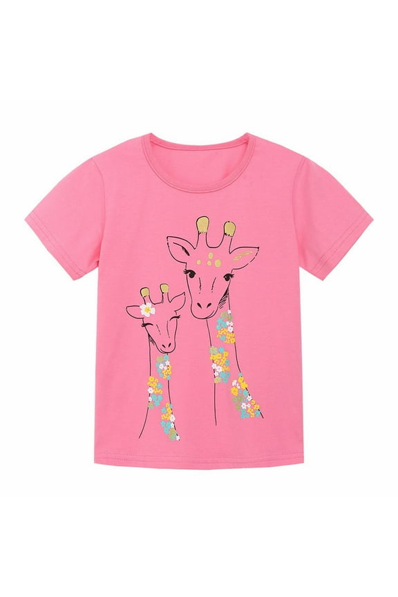 Kids Graphic Tee T-Shirt, Cute And Comfortable Summer Tops For Girls Children's Summer T Shirt Giraffe Print Short Sleeve Crewneck Top Casual Out For 1 To 7 Years
