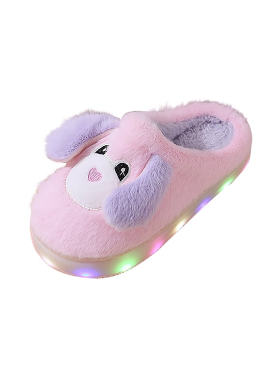 Kids LED Flashing Plush Dog House Slippers for Boys Girls, Soft Plush Slip On Footwear, Comfortable Lightweight Non-slip Indoor Bedroom Slippers for Children