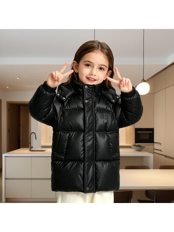 Kids Mid Length Hooded Puffer Coat Winter Warm Zip Up Padded Outerwear Jacket with Detachable Hood for Boys Girls School Outdoor Trips Daily Wear