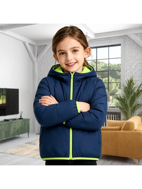 Kids Reversible Hooded Puffer Jacket Lightweight Warm Zip Up Winter Coat Contrast Color Packable Outerwear for Boys Girls Fall School Daily Wear