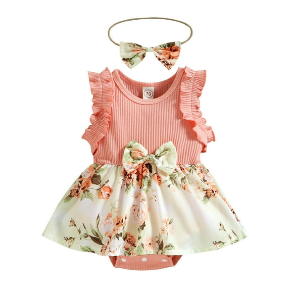 NOKIO Kids' Ruffle Romper, Baby Girl Bodysuit Dress, Toddler Girls Kids Jumpsuit Girls Sleeveless Floral Prints Ribbed Romper Bodysuits Dress Headbands Set Soft And Airy Romper For Baby