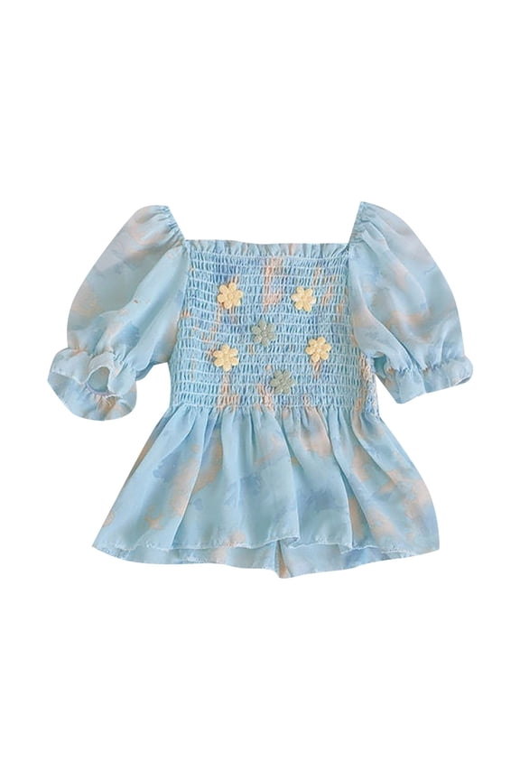 Kids' Ruffle Tunic Top, Cute And Fashionable Tops For Girls, Girl's Summer Dress Top Floral Pattern Flower Decoration Princess Wind Short Sleeve A Swing Play Wrap Leisure Outing Afternoon Tea