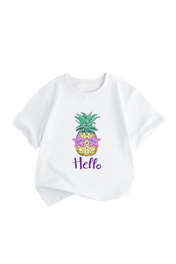 Kids Sports Themed T-Shirt, Cute And Fashionable Girls' Tops For Everyday Wear Little Children And Big Kids Hello Pineapple Cartoon Print Boys And Girls Tops Short Sleeved T Shirts 1 To 8 Years
