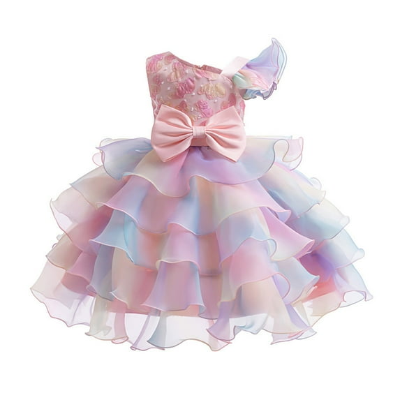 NOKIO Kids Summer Sundress, Party Pageant Floral Dresses, Girls One Shoulder Sleeveless Colorful Bow Cake Gown Dresses Birthday Party Dresses Baby Girls Princess Party Dress