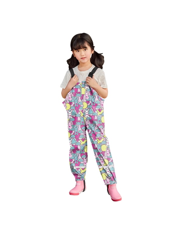 Toddler Rain Pants With Suspenders, Girls' Water-proof Rain Trousers Toddler Kids Boys Girls Rain Dungarees Windproof Waterproof Mud Jumpsuit Clothes Youth Reflective Rain Trousers
