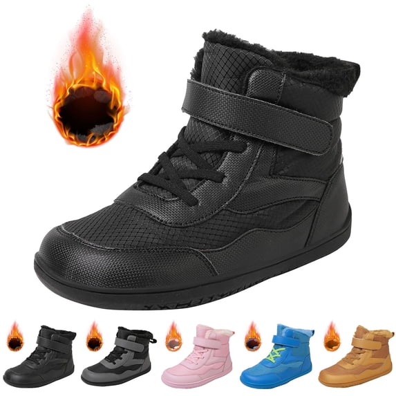 NOKIO Kids Wide-Toe Box Winter Boots Fau𝗑 F𝗎r Lined Hook-and Loop Closure Textile Upper Flexible Drop Non‑Slip Sole Comfortable Cold Weather Footwear for Boys Girls